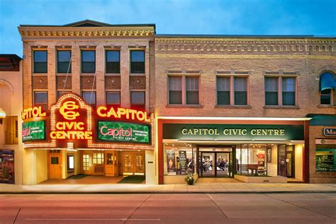 Capitol civic center - About. The Capitol features a large, ornate auditorium with seating on the main floor, two balconies, and box seats on the side walls, and multiple bars. The theatre, restored in 1987, now serves as the Capitol Civic Centre, an 1,000-seat community performing arts center home to the annual Marquee Season and 13 resident companies. 